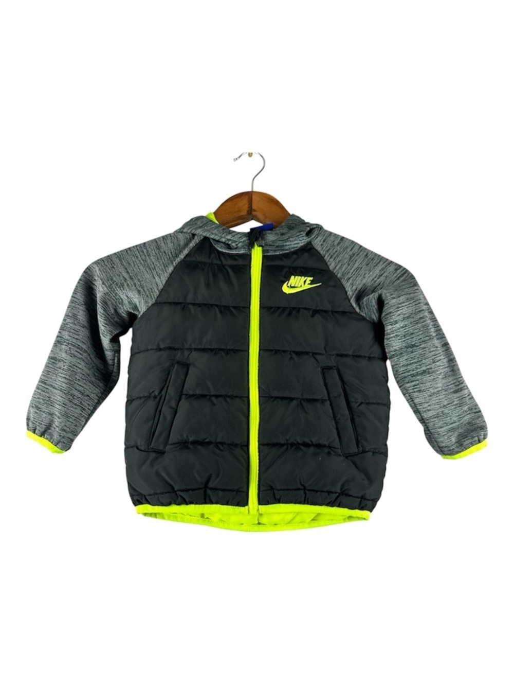 NIKE Toddler Swoosh Lightweight Hooded Puffer Jacket Sz 2T Grey Neon Green